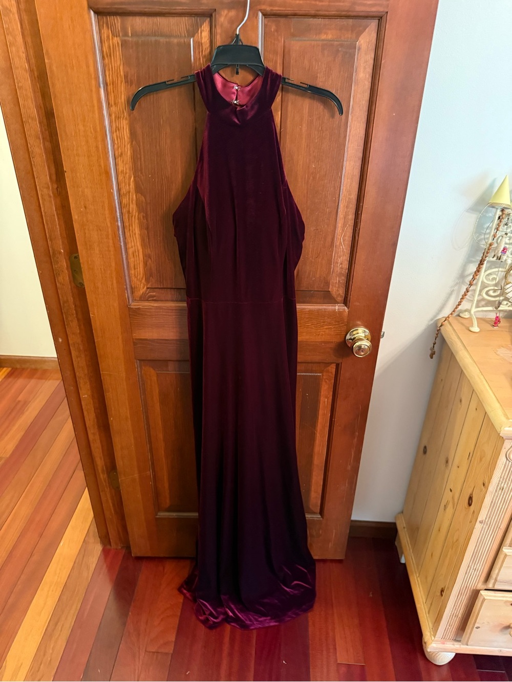 Revelry Burgundy Velvet Halter Prom Gown